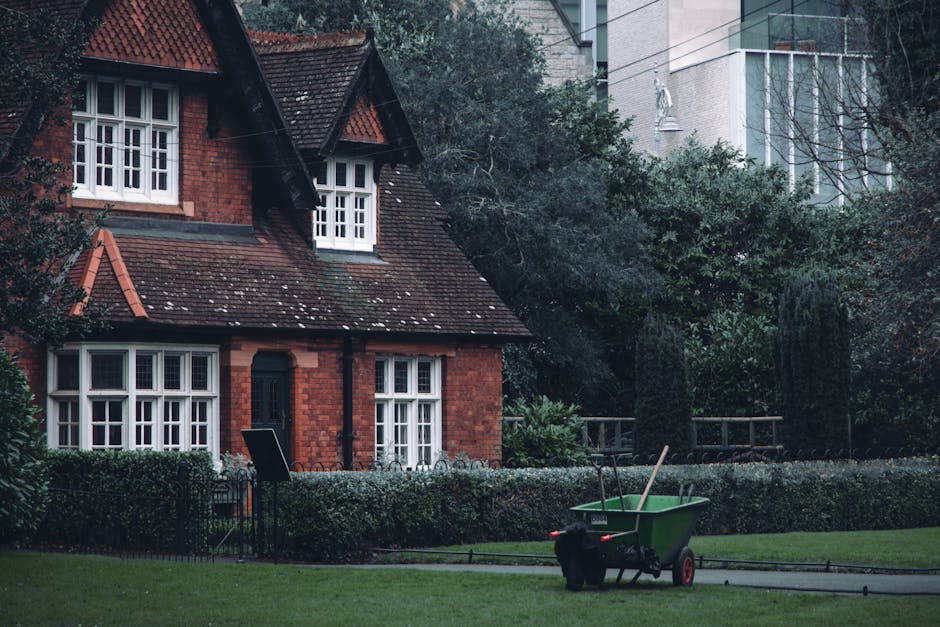 A man wearing a dark hoodie, blue jeans, and striped sneakers is trimming the grass with a cordless electric lawn mower on a well-maintained lawn in a suburban garden. The garden features flower beds 